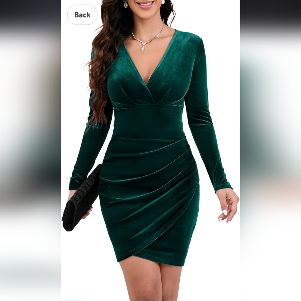 HUHOT XL V-Neck Long Sleeve Velvet Bodycon Dress - Emerald Green